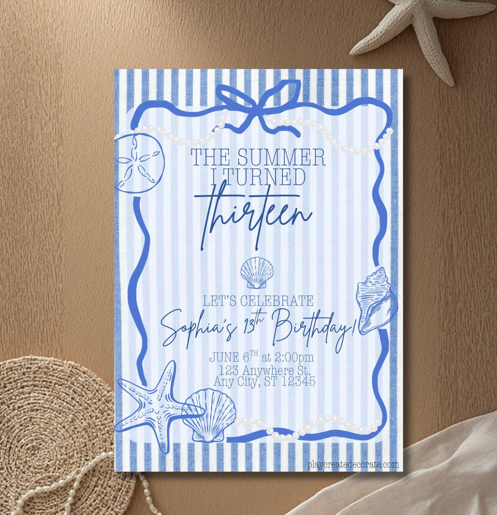 The Summer I Turned birthday invitation beach mockup with blue envelope and seashells