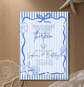 The Summer I Turned birthday invitation beach mockup with blue envelope and seashells