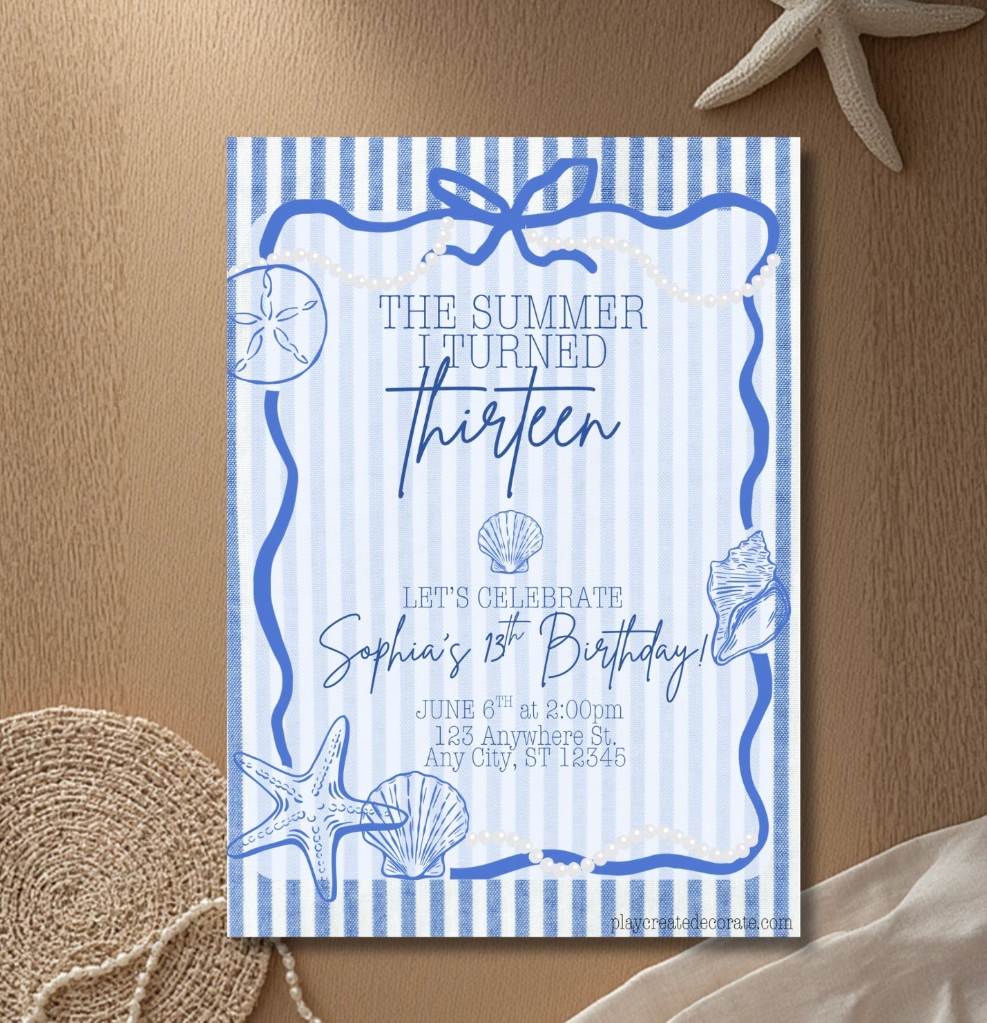 The Summer I Turned birthday invitation beach mockup with blue envelope and seashells