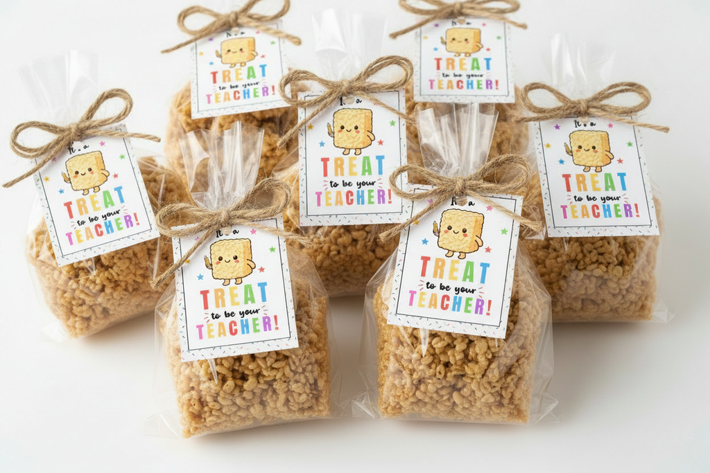 It's a TREAT to Be Your Teacher printable gift tags tied on Rice Krispie treat goodie bags with twine