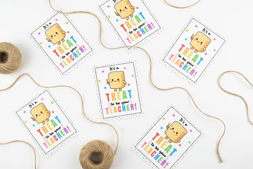 It's a TREAT to Be Your Teacher printable gift tags flat lay with twine spools on white background