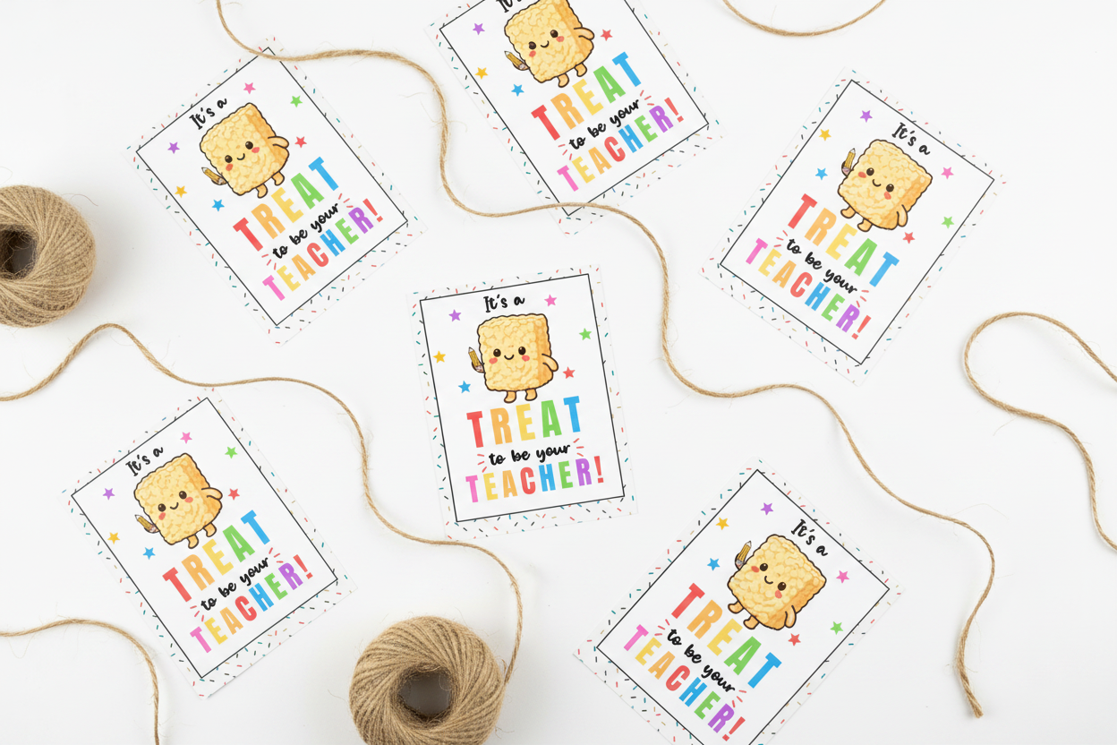 It's a TREAT to Be Your Teacher printable gift tags flat lay with twine spools on white background