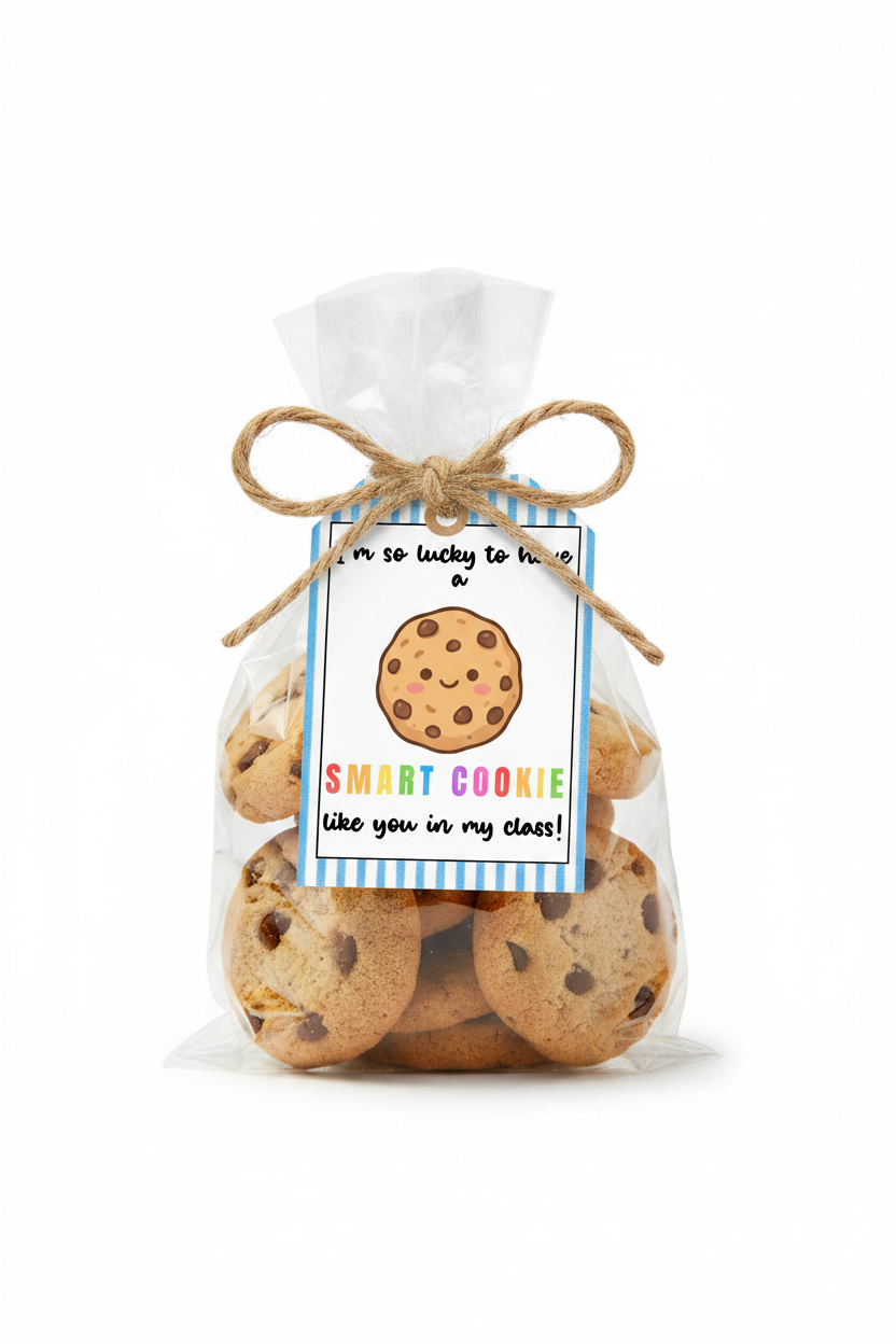 Smart Cookie printable gift tag tied on a clear bag of chocolate chip cookies with twine bow