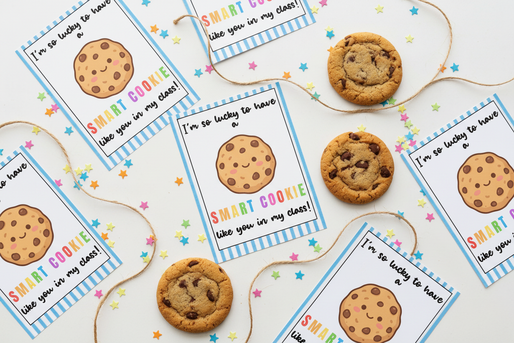 Smart Cookie printable gift tags flat lay with real chocolate chip cookies, star confetti, and twine