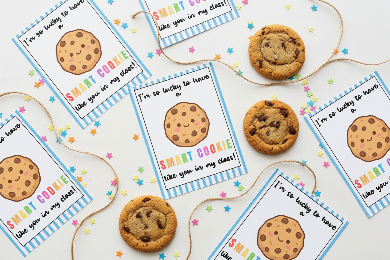 Smart Cookie printable gift tags flat lay with real chocolate chip cookies, star confetti, and twine