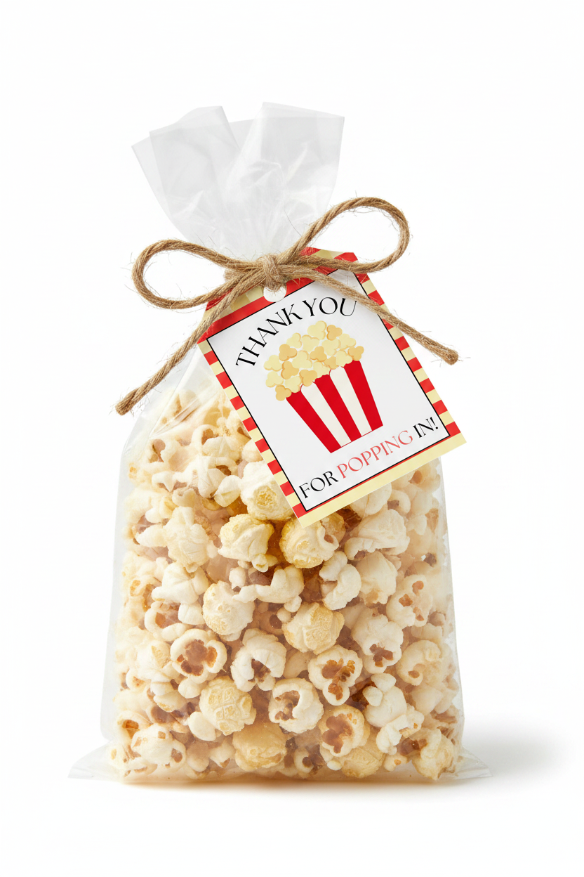 Thank You for Popping In gift tag tied with twine on a clear bag of popcorn on white background
