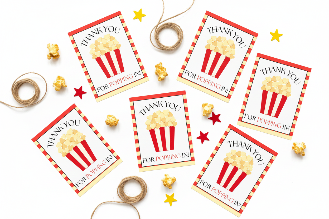 Thank You for Popping In printable gift tags flat lay with real popcorn, twine, and red and yellow star confetti