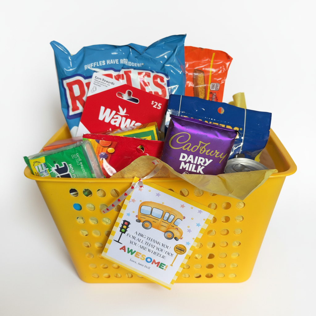 You Are Wheelie Awesome gift tag on yellow basket filled with snacks, Ruffles chips, Cadbury chocolate, and a Wawa gift card