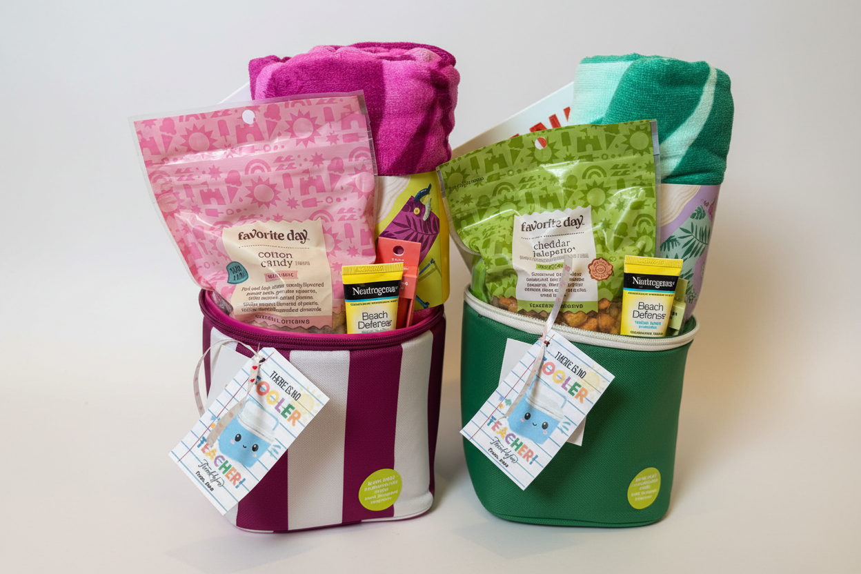 There Is No Cooler Teacher gift tags styled on mini cooler gift bags filled with snacks and beach towels