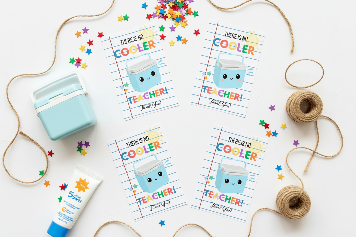 Printable teacher appreciation gift tags – There Is No Cooler Teacher flat lay with confetti and twine
