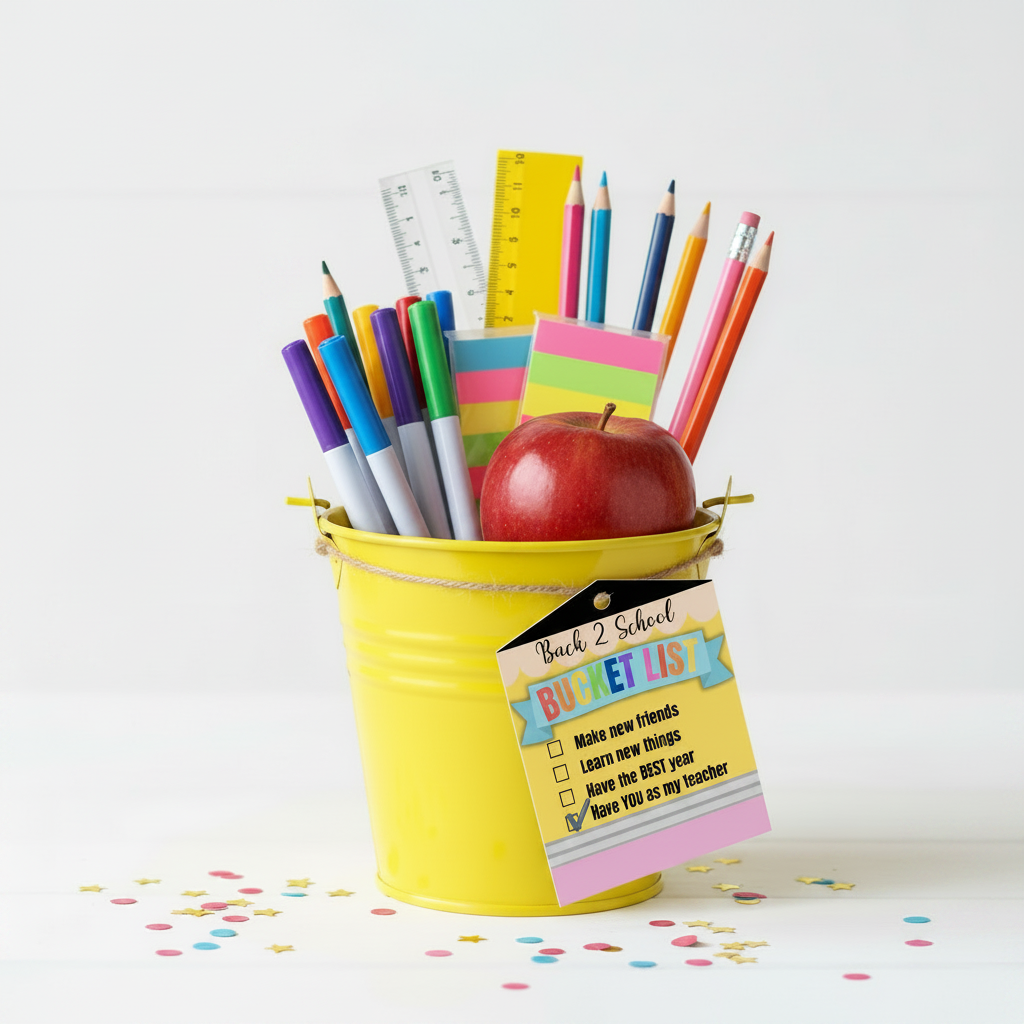 Back 2 School Bucket List gift tag on yellow bucket filled with markers, pencils, ruler, and apple with star confetti
