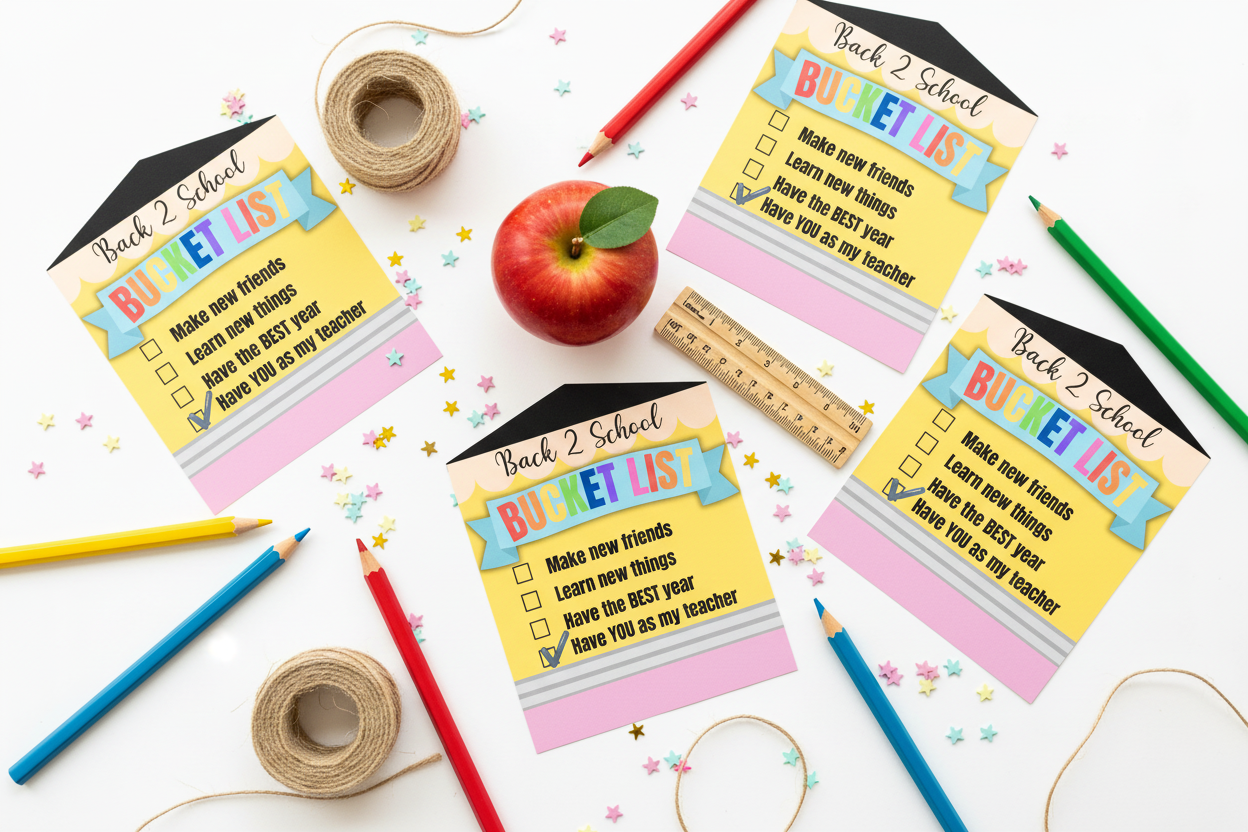 Back 2 School Bucket List gift tags flat lay with colored pencils, twine, apple, ruler, and star confetti on white surface