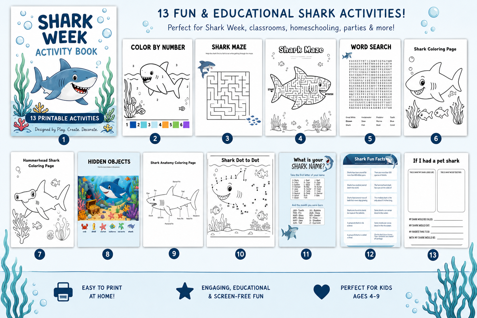 Shark Week Activity Pack - 13 printable activities for kids including coloring pages, maze, word search, and more