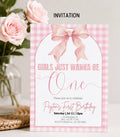 Girls Just Wanna Be One first birthday invitation mockup — pink gingham with watercolor bow and arch frame