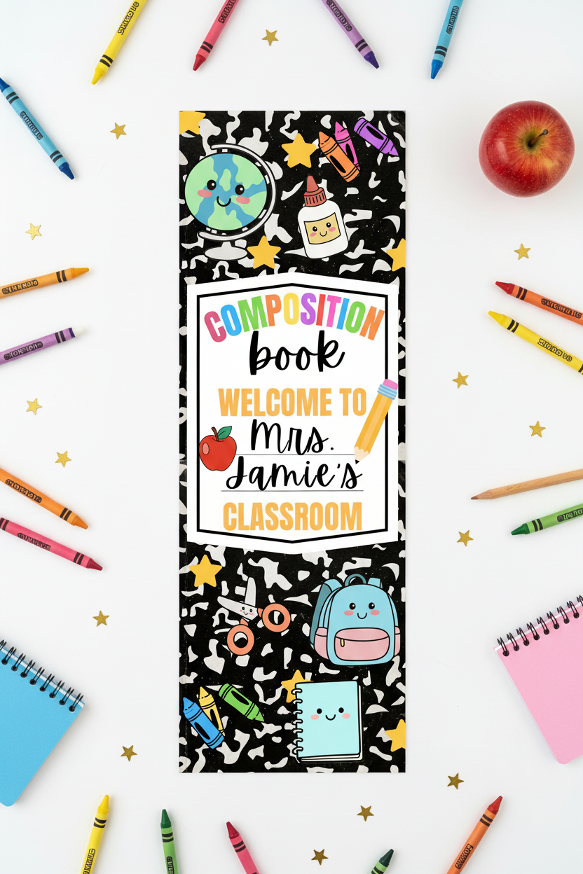 Composition Book Style Classroom Door Banner | 2x6 Printable