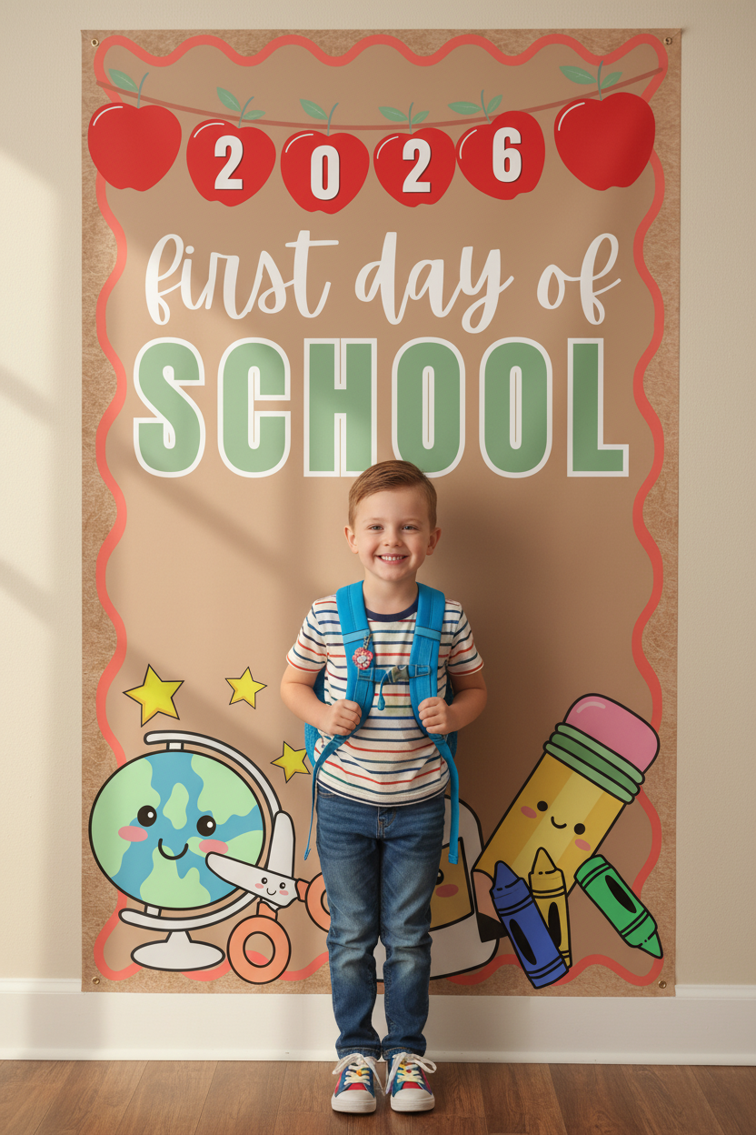 Child standing in front of first day of school backdrop banner