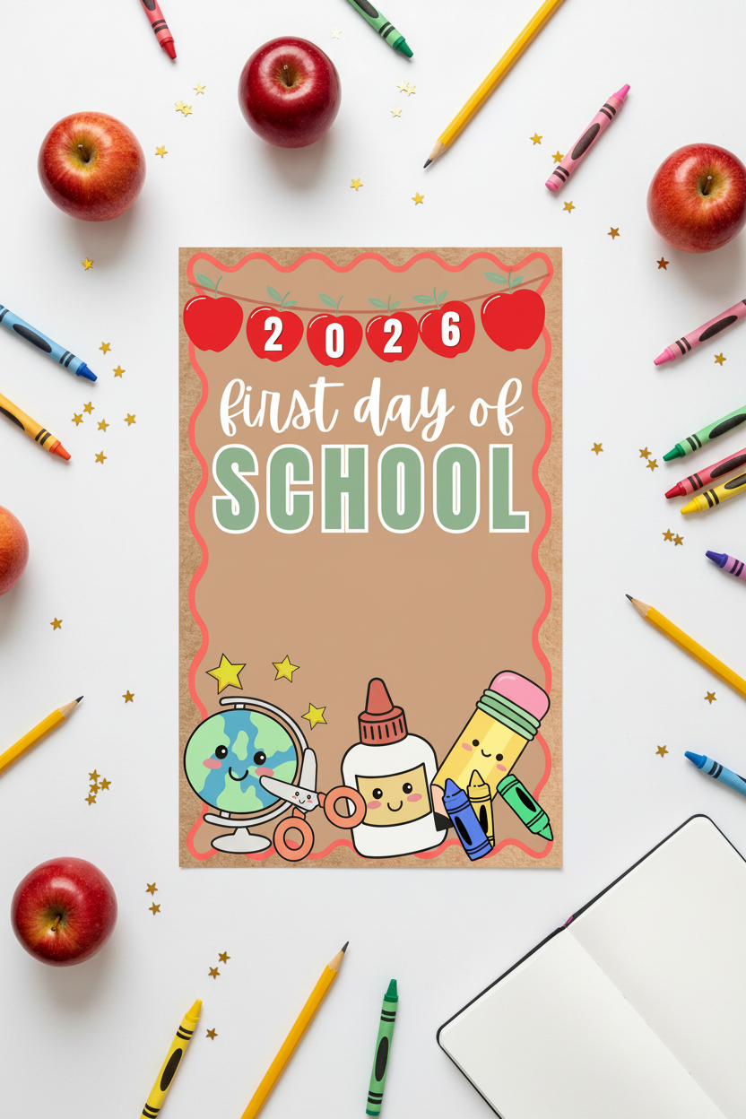 First day of school banner flat lay mockup with apples and crayons