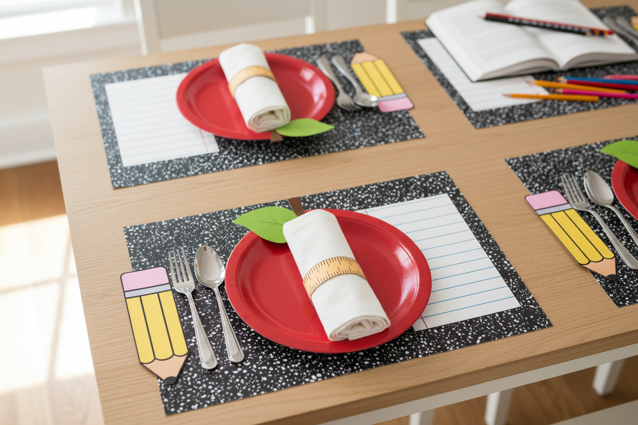 Composition book placemat table setting with red plate and apple