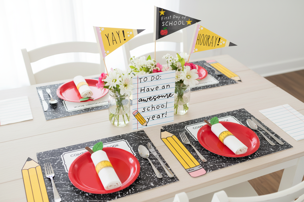 Full back to school breakfast table setup with banner and centerpieces