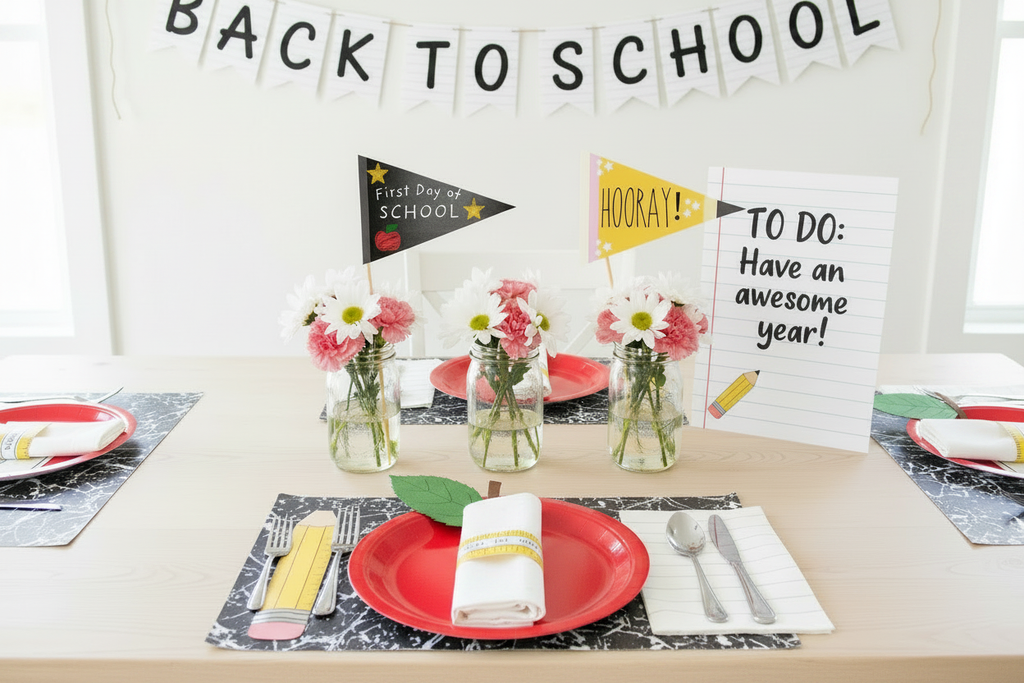 Back to school table with Back to School banner on wall