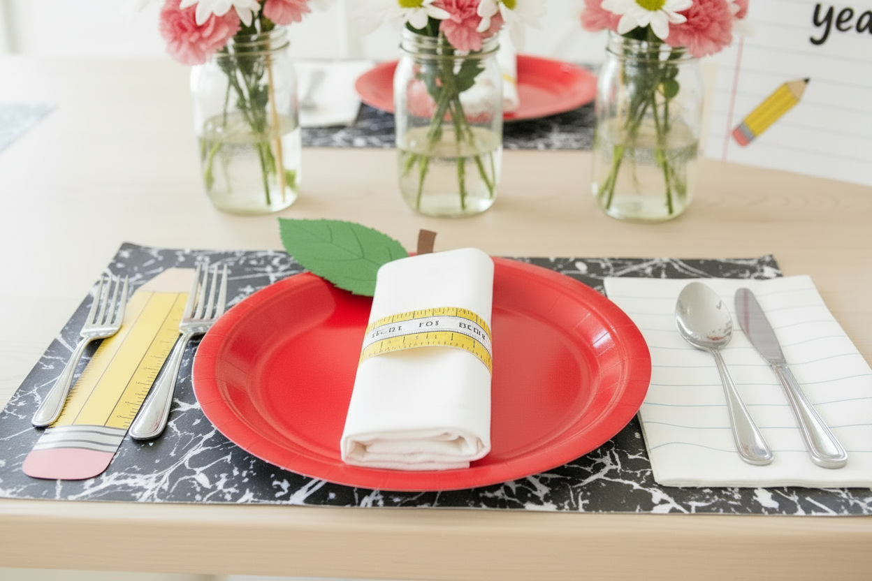 Close up of composition book placemat with ruler napkin ring and red plate
