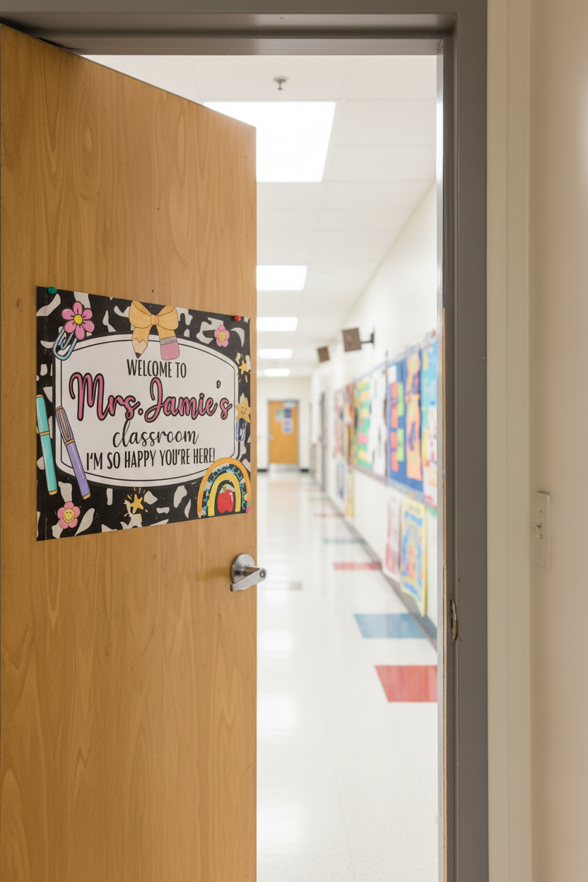 Composition book style classroom sign on classroom door