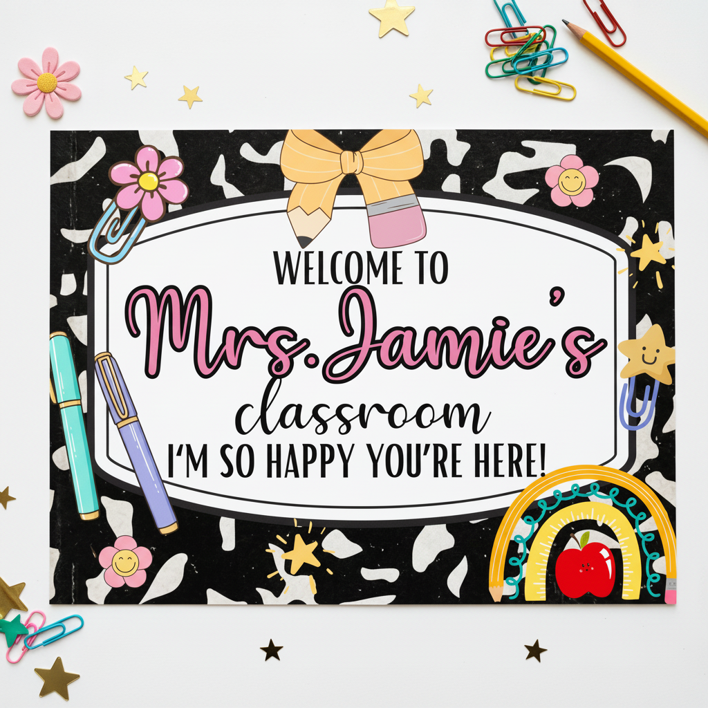 Composition book style classroom sign flat lay mockup