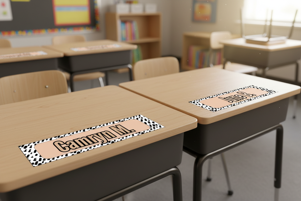 Overhead view of name tags on classroom desks with school supplies