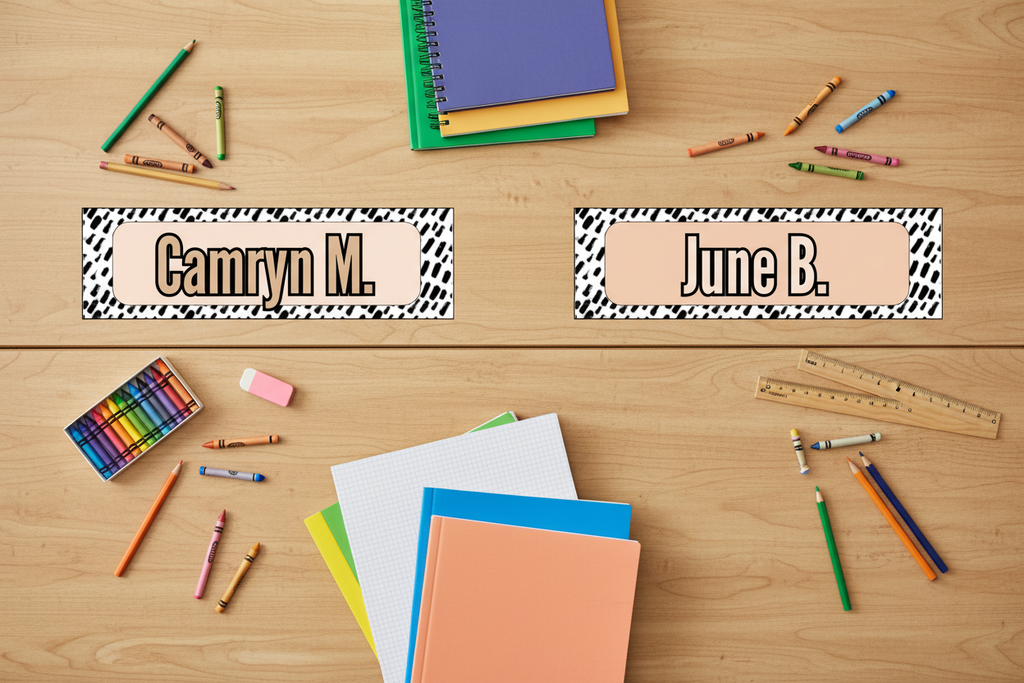 Angled classroom view of name tags adhered to student desks