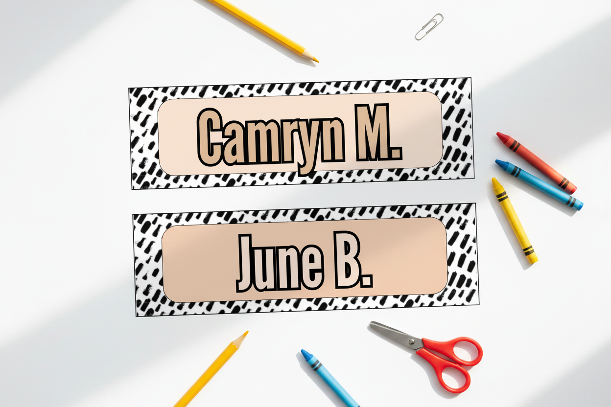 Flat lay of printed name tags with school supplies on white background