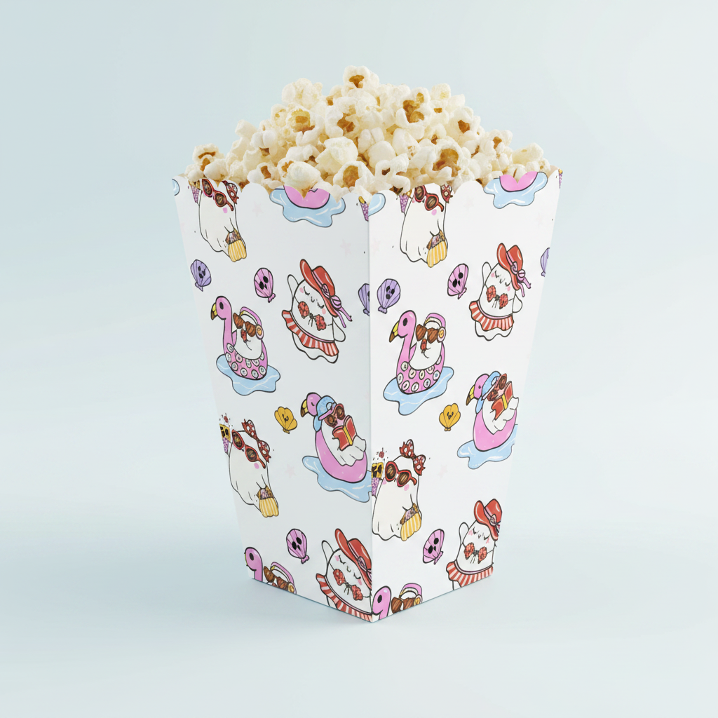 Summerween beach ghost popcorn box filled with popcorn