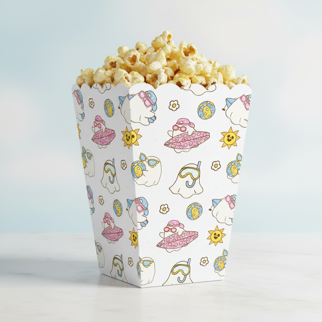 Summerween pool party ghost popcorn box filled with popcorn