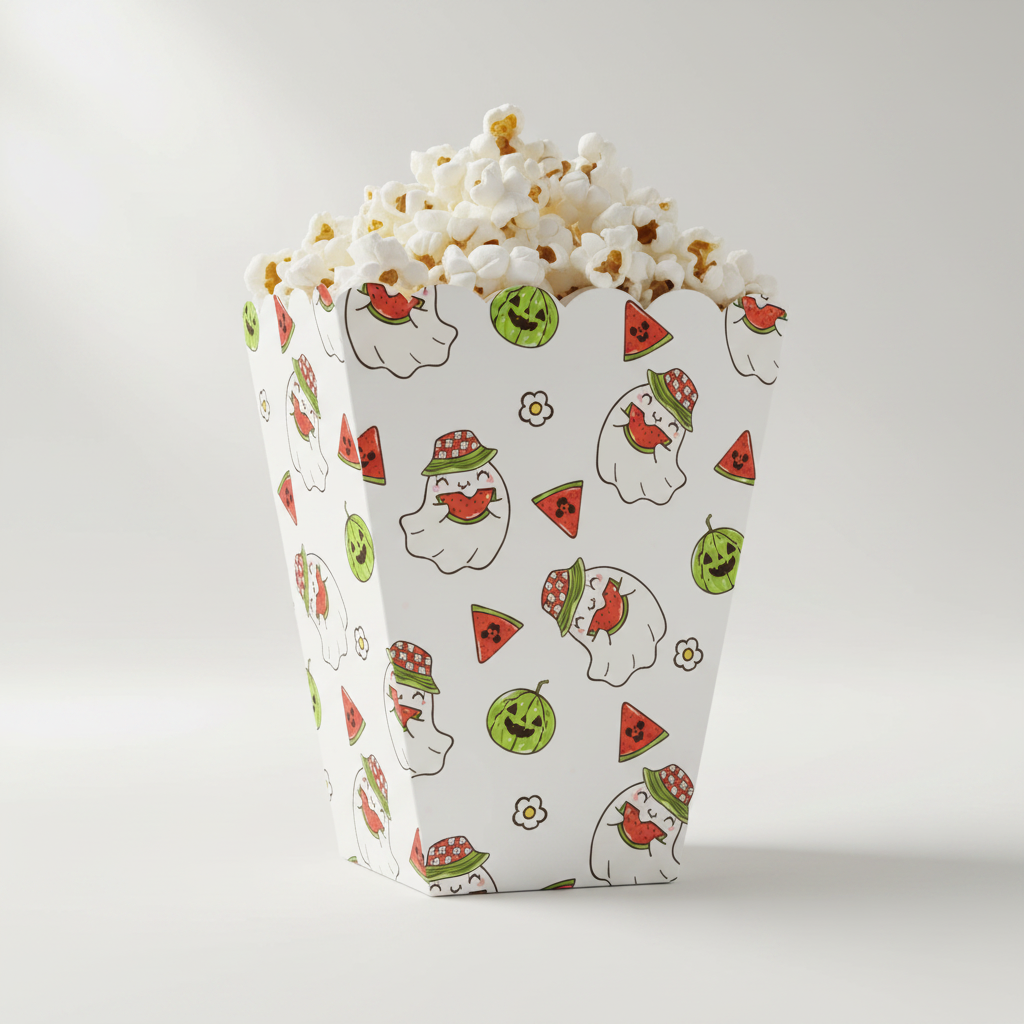 Summerween watermelon ghost popcorn box filled with popcorn