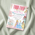 Four-Ever a Princess par-tea birthday invitation mockup — Disney princesses with floral teacups and butterflies