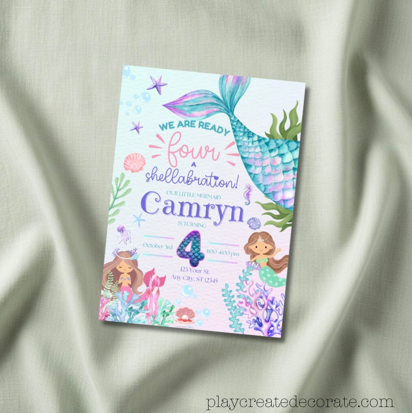 Mermaid 4th Birthday Invitation