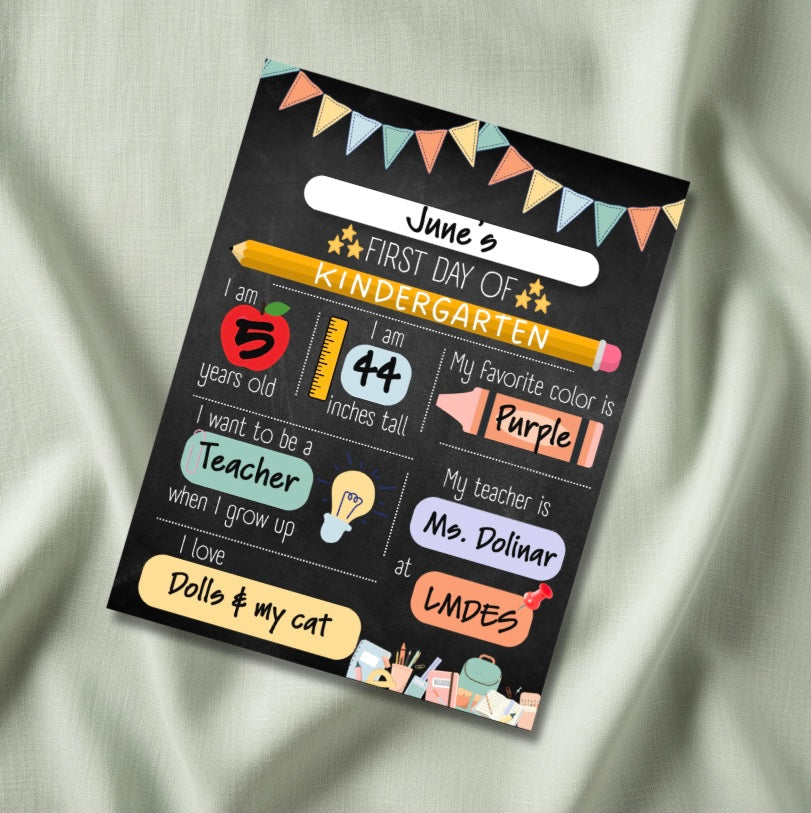 Editable first day of school chalkboard sign 8x10 mockup on fabric background