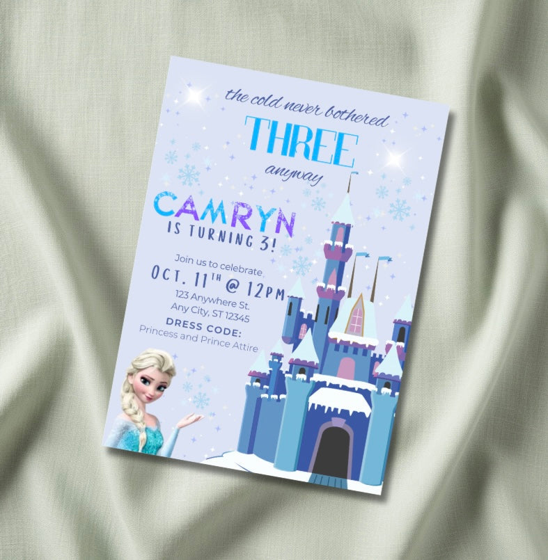 Frozen birthday invitation mockup — Elsa with ice castle and snowflakes on lavender background