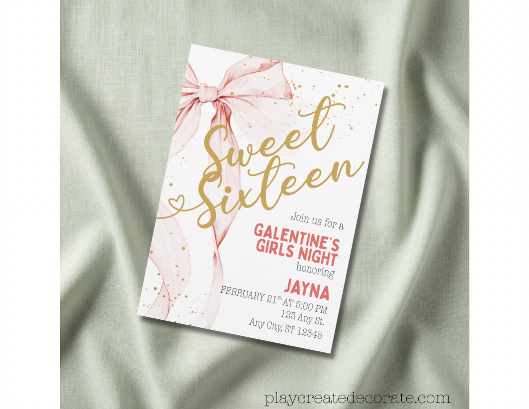 Sweet Sixteen Galentine's Girls Night invitation mockup - pink bow watercolor design
