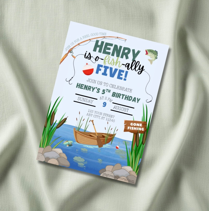 O-Fish-Ally fishing birthday invitation mockup — lake scene with rowboat, cattails, jumping fish and Gone Fishing sign