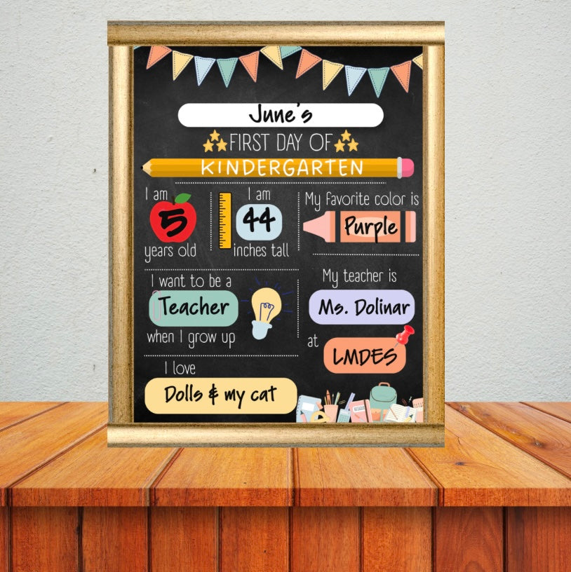 Editable first day of school chalkboard sign 8x10 displayed in gold frame on wood table