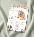 Wild and Three horse birthday invitation mockup — boho watercolor design with floral horse and cactus