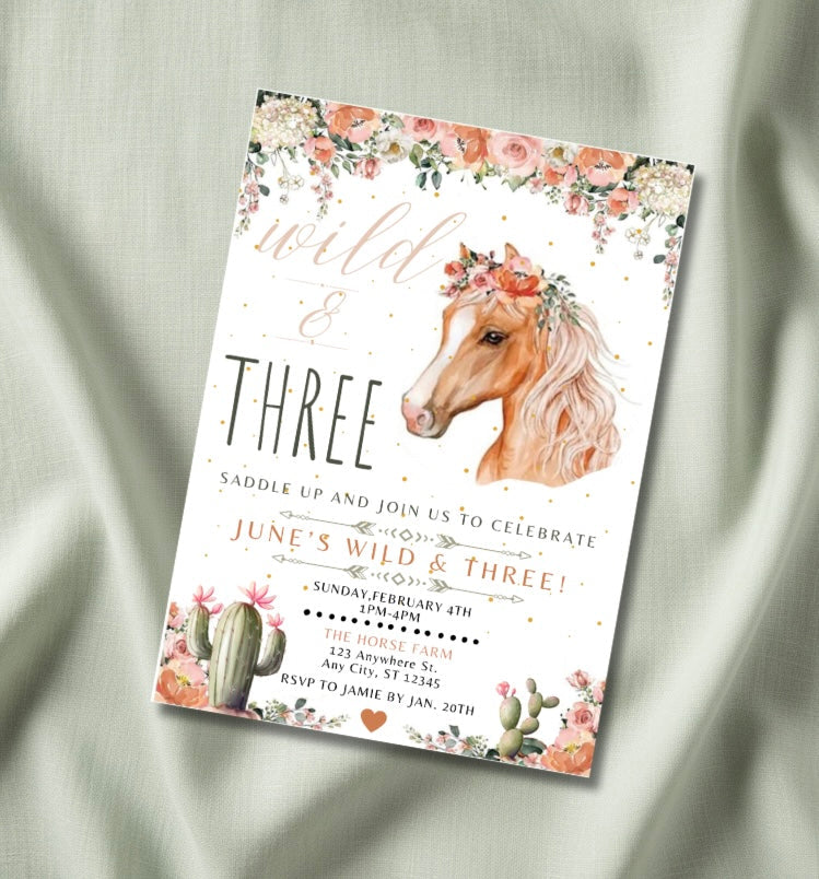 Wild and Three horse birthday invitation mockup — boho watercolor design with floral horse and cactus