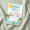 Surfs Up editable birthday invitation printable with beach, palm trees, and VW surf van