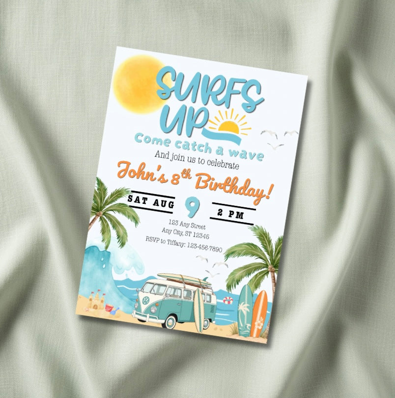 Surfs Up editable birthday invitation printable with beach, palm trees, and VW surf van