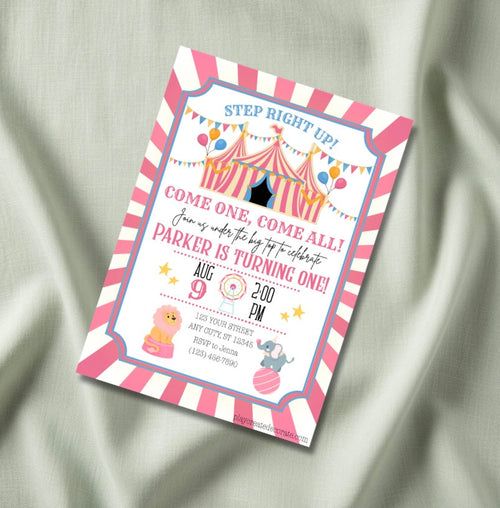 Come One Come All girls circus birthday invitation mockup — pink striped big top with lion and elephant