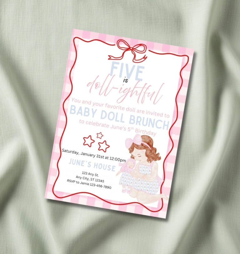 Doll-ightful baby doll brunch birthday invitation mockup — pink gingham with red squiggle border, bow, and brunette doll illustration
