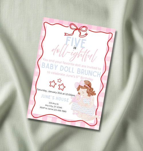 Doll-ightful baby doll brunch birthday invitation mockup — pink gingham with red squiggle border, bow, and brunette doll illustration