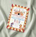 Come ONE Come All vintage circus birthday invitation mockup — red striped big top with elephant, lion, and Ferris wheel