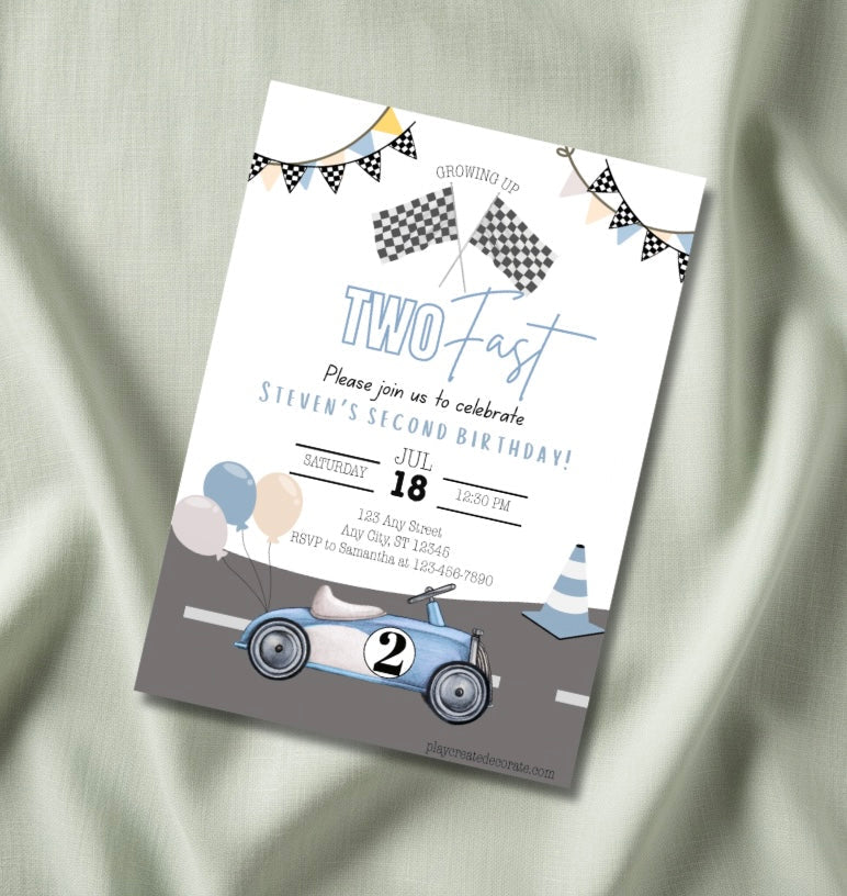 Two Fast racing second birthday invitation mockup — vintage blue race car with checkered flags and bunting banners