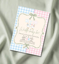 Waddle Baby Be goose themed gender reveal party invitation mockup — blue and pink gingham with ducks and sage green bows
